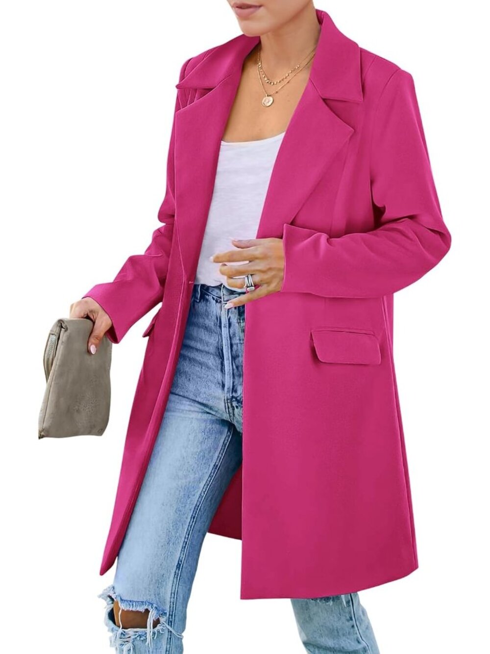 Women's Rose Pink Mid-Length Padded Shoulder Loose Fit Fall Blazer Trench Coat
